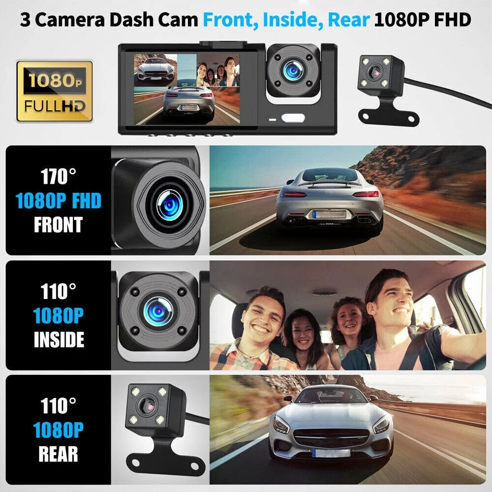 1080P Car Dual Lens Dash Cam Front/Rear/Inside Video Recorder Camera G-Sensor