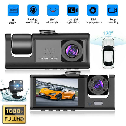 1080P Car Dual Lens Dash Cam Front/Rear/Inside Video Recorder Camera G-Sensor