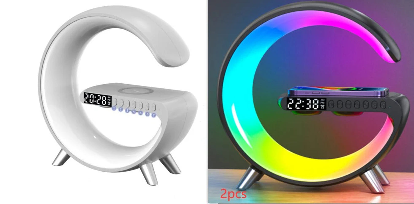 Intelligent G-Shaped LED Lamp with Bluetooth Speaker, Wireless Charging, and App Control for Bedroom and Home Decor