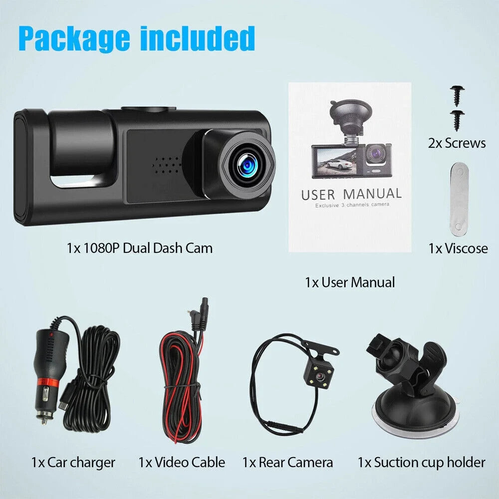 1080P Car Dual Lens Dash Cam Front/Rear/Inside Video Recorder Camera G-Sensor