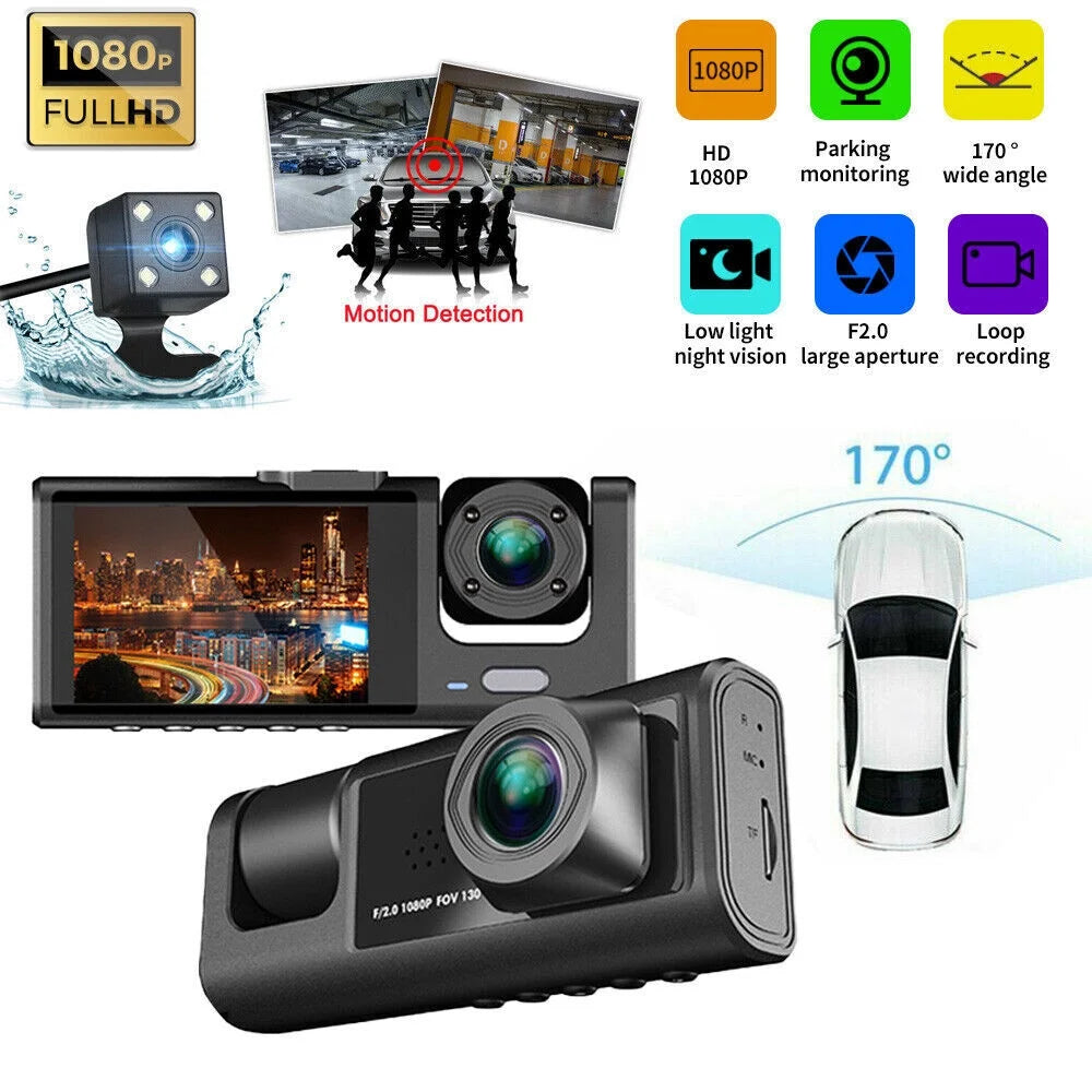 1080P Car Dual Lens Dash Cam Front/Rear/Inside Video Recorder Camera G-Sensor