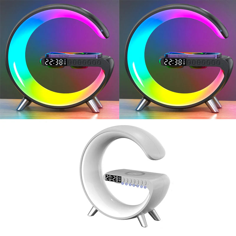 Intelligent G-Shaped LED Lamp with Bluetooth Speaker, Wireless Charging, and App Control for Bedroom and Home Decor